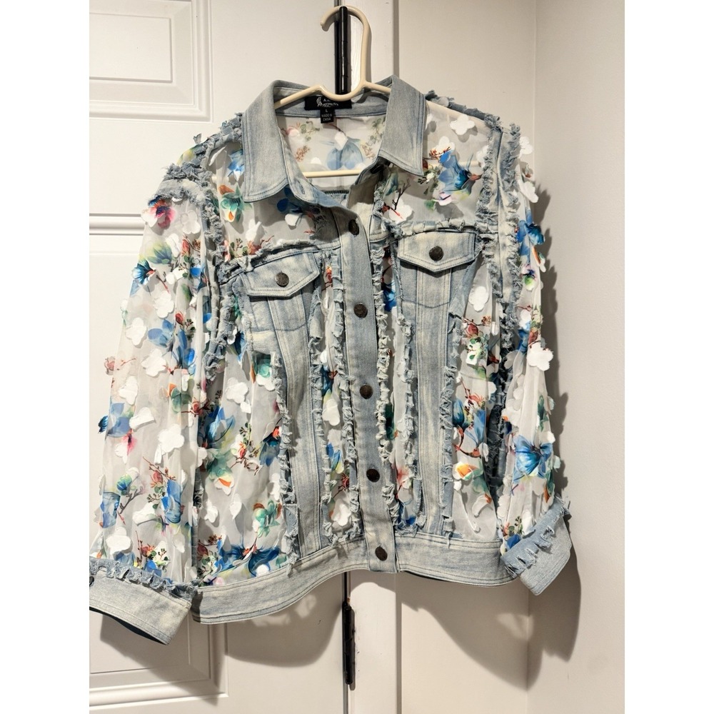 AZI Women's Floral Sheer Denim Jacket Fringe Trim Button Front L Boho Colorful